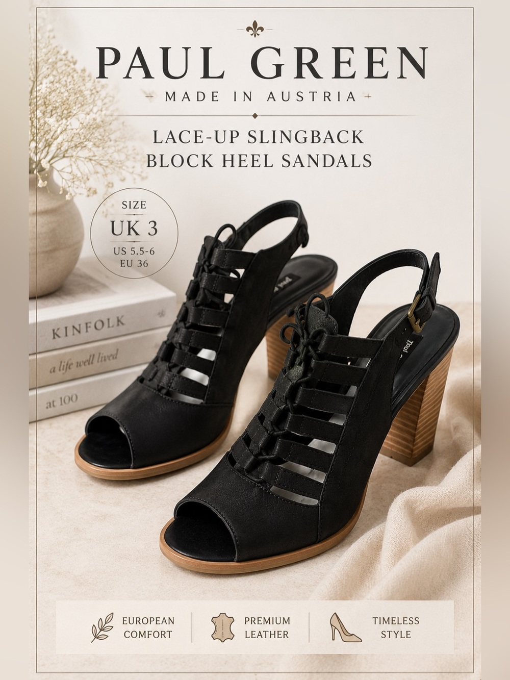 Paul Green Black Leather Lace-Up Slingback Block Heel Sandals Size UK 3 US 5.5-6